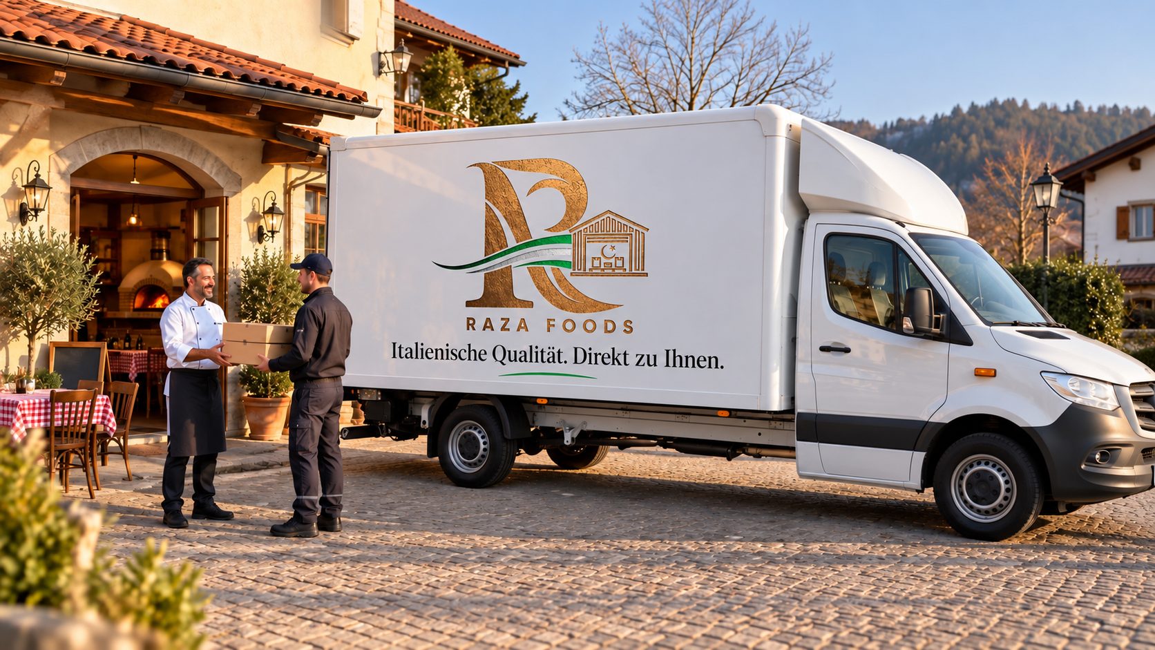 Fahrer übergibt einem Pizzaiolo die Lieferung vor seiner Pizzeria