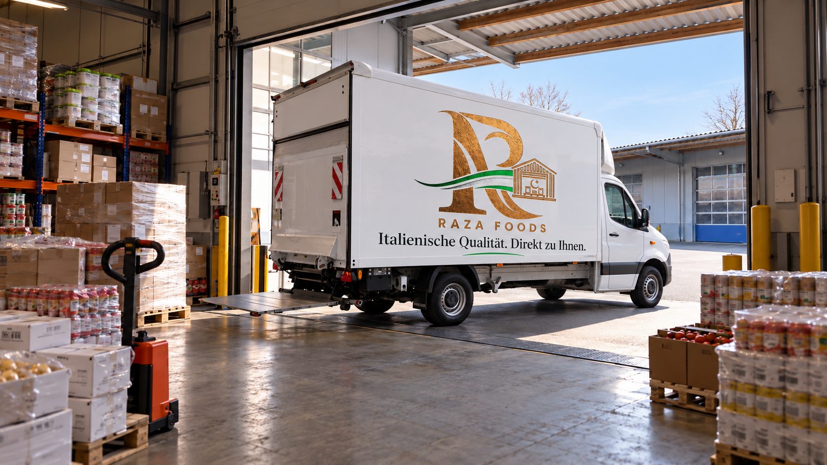 Blick aus dem Raza-Foods-Lager auf den Lieferwagen an der Rampe