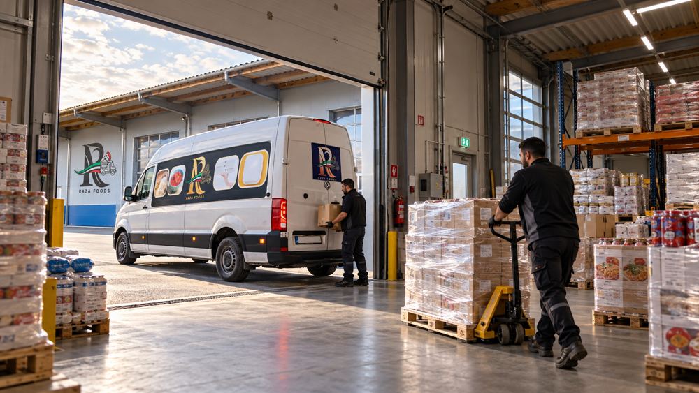 Raza-Foods-Team verlädt Ware im Lager in den Lieferwagen